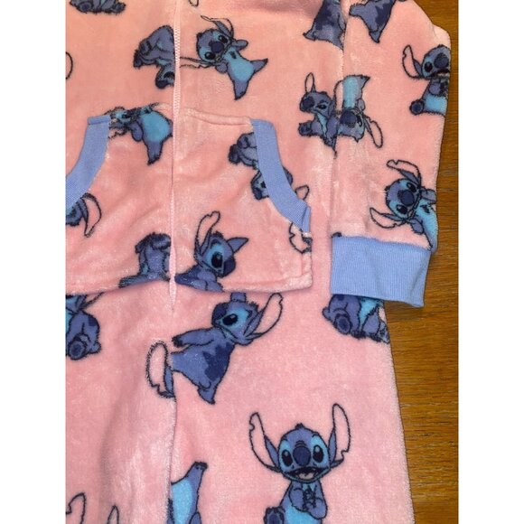 Disney Stitch Pink Fleece One-Piece Pajama Suit With Pockets & Zip Closure For K - Picture 3 of 5